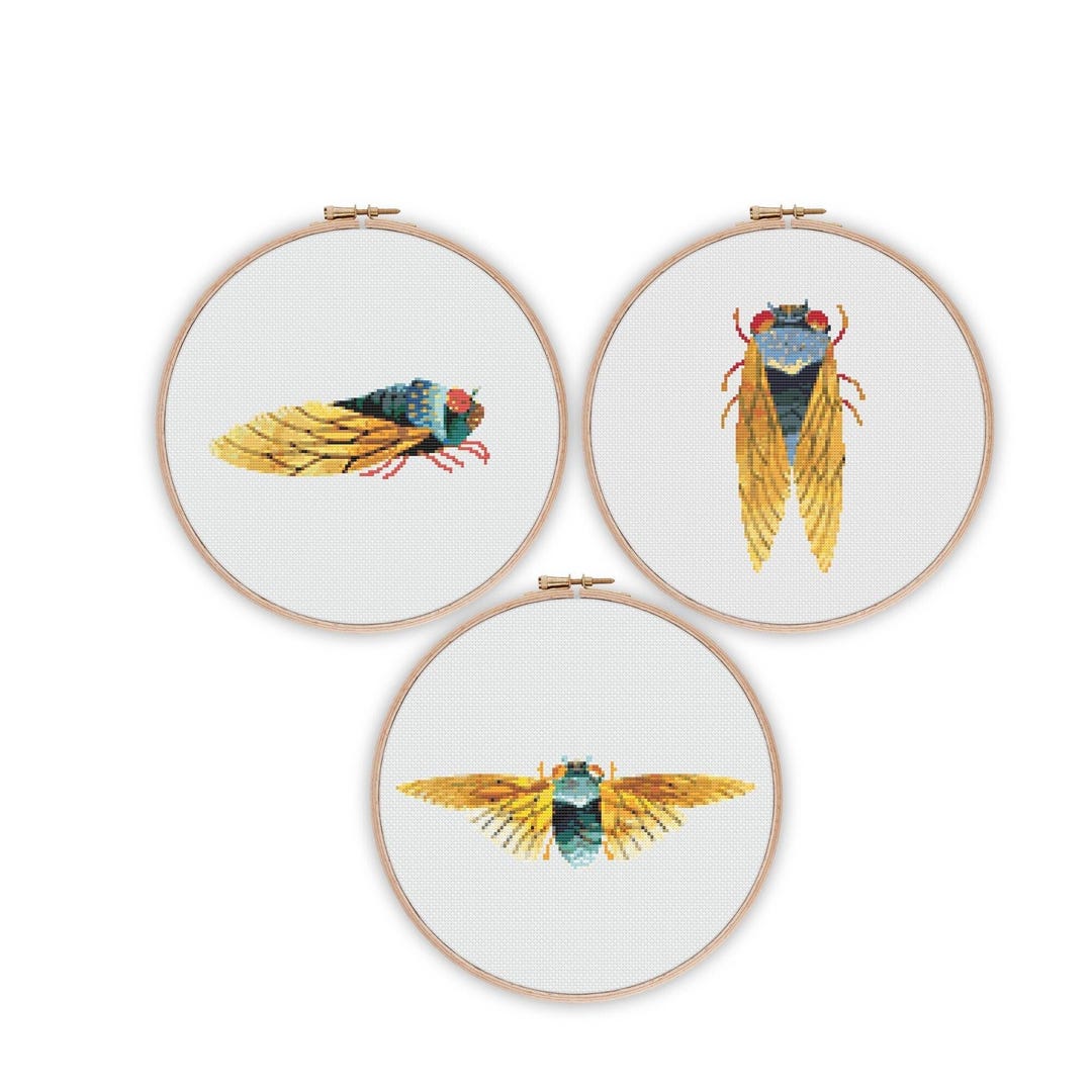 Set of 3 Cicadas Cross Stitch, Instant Download Pattern PDF, Modern ...