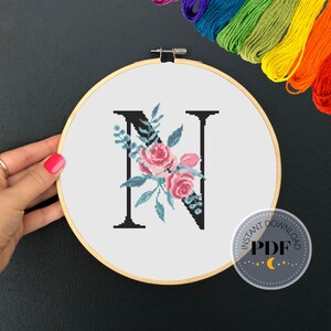 Buchstabe N X Stich, sofortiger Download PDF, moderner X-Stich Muster, Botanisches Monogramm, Easy x Stitch, Kreuzstichvorlage, Stickerei