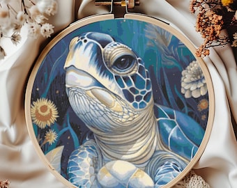 Wzór na haft krzyżykowy Blue Turtle, natychmiastowe pobranie pliku PDF, fantastyczny wykres haftu krzyżykowego, gotycka sztuka ścienna, projekt haftu Ocean Dream