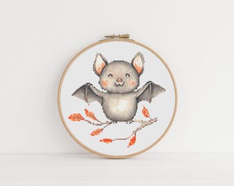 Bat Cross Stitch Pattern, Counted Cross Stitch, Instant Download PDF, Animal Cross Stitch Chart, Embroidery Pattern, Room Decor Gift