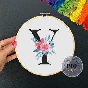 Buchstabe Y X Stich, sofortiger Download PDF, modernes X Stichmuster, Botanisches Monogramm, Easy x Stitch, Kreuzstichvorlage, Stickerei