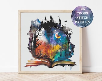 Könnte beinhalten: Ein Aquarellbild eines Buches mit einer Schloss- und Waldszene im Inneren. Das Buch ist geöffnet und die Seiten sind nach oben gekräuselt. Das Schloss ist vor einem sternenklaren Nachthimmel silhouettiert. Der Wald ist voller Bäume und eines Halbmondes.
