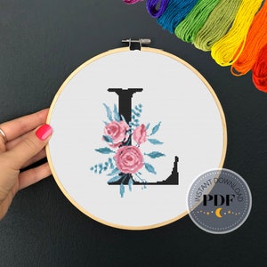 Letra L X Stitch, Descarga instantánea en PDF, Patrón de puntada X moderna, Monograma botánico, Puntada X fácil, Gráfico de punto de cruz contado, Bordado
