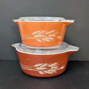 Vintage Pyrex Autumn Harvest Casserole Set 474-B 475-B Wheat Pattern Orange Baking Dishes with Lids - NO CUSTOMS FEES