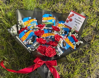 Hot Wheels Bouquet, Anniversary Gift for Him, Ribbon Roses