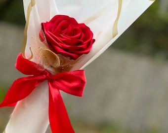 Handmade Ribbon Rose Mini Bouquet, Eternal Flower Souvenir