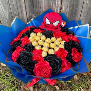 Spiderman 32 Red and Blue Rose Bouquet, For Him, Eternal Rose Bouquet, Birthday Bouquet, Engagement Bouquet, Ever Lasting, Ramo Buchon Black