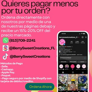 May include: Pink and white graphic with the text "Quieres pagar menos por tu orden?" and "Ordena Ahora".  The graphic also includes a phone number, social media handles, and a list of payment methods.