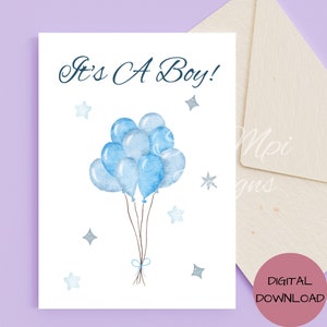 New Baby Boy Card: Blue Balloons, Printable Envelope (Digital Download)