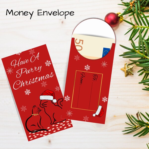 Printable, Red Christmas Money Envelope, for Cash Gift, for Cat Lovers with Christmas Cats download and print instantly, DIY Money Envelopes