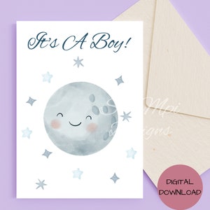 It&#39;s A Boy Card: New Baby Moon & Stars (Printable with Envelope)