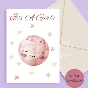 Afdrukbare babykaart, voor babymeisje, met afdrukbare envelop, roze babykaart, pasgeboren babykaart, digitale download babykaart, het is een meisje