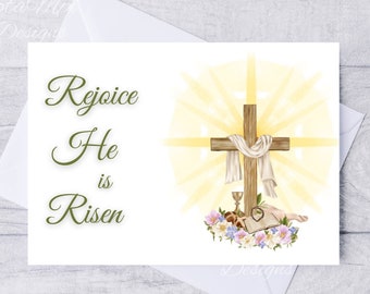 Easter Card, Printable Religious Easter Card, Easter Card with Cross, He is Risen, Digital Easter Card