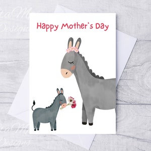 Cartão de feliz dia das mães, cartão de dia das mães para impressão, para mães com crianças pequenas, cartão com burro, cartão floral, cartão de animal fofo
