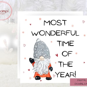 赤とグレーのクリスマスノームカード：5x5 印刷可能（デジタルダウンロード）