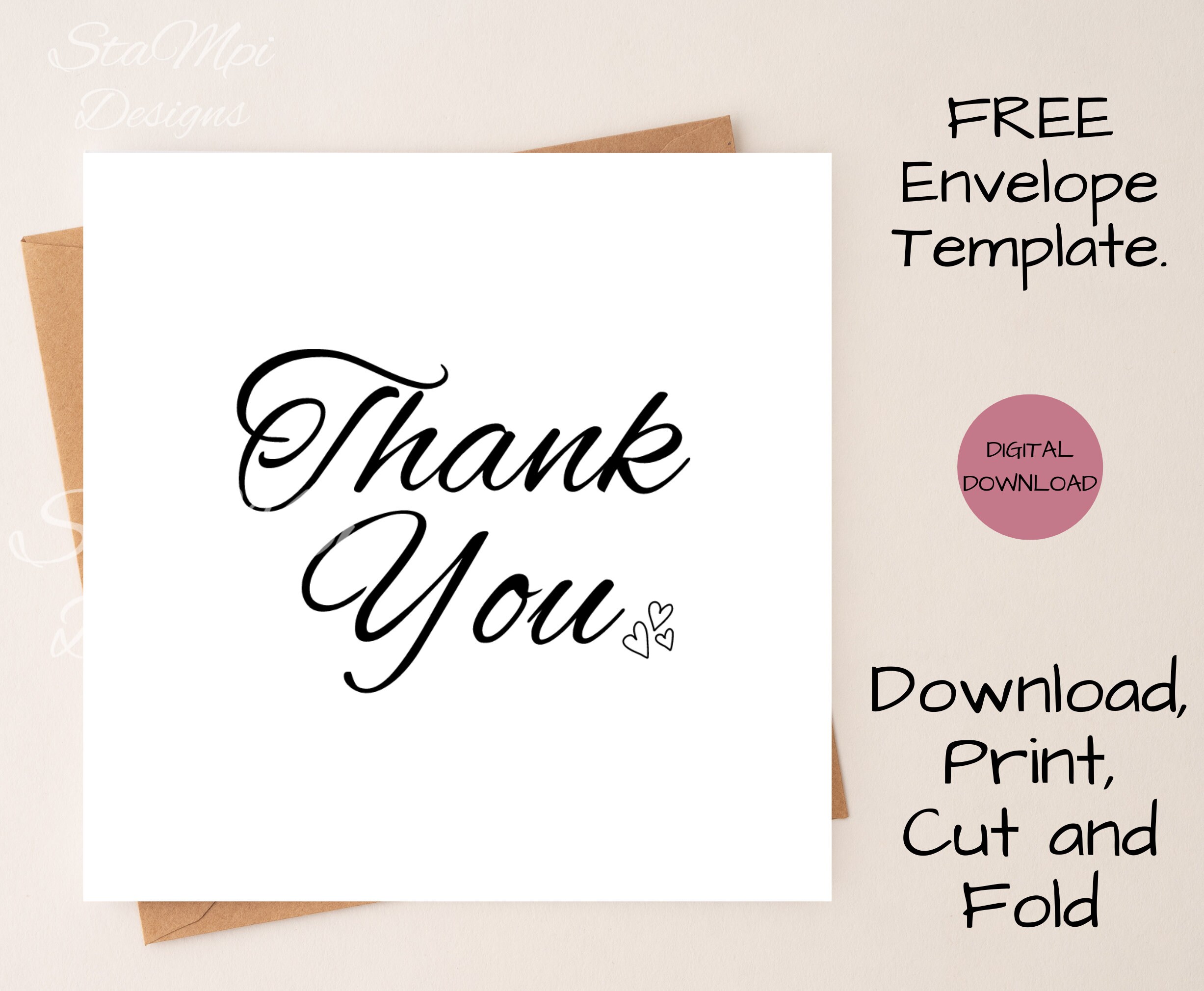 Thank You Card, Printable Card to Say Thank You With Envelope, Simple ...
