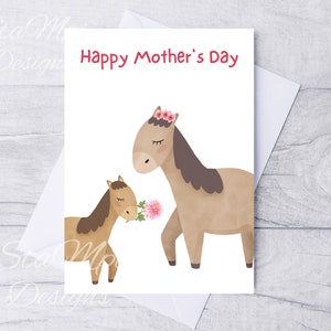 Cartão de Dia das Mães, Cartão para Impressão para o Dia das Mães, Cartão de Dia das Mães do Filho, Cartão com Cavalos, Cartão de Dia das Mães com Flor Rosa, Digital