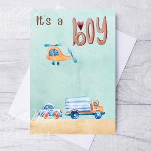 New Baby Boy Card: Car, Truck, Helicopter (Digital Download)