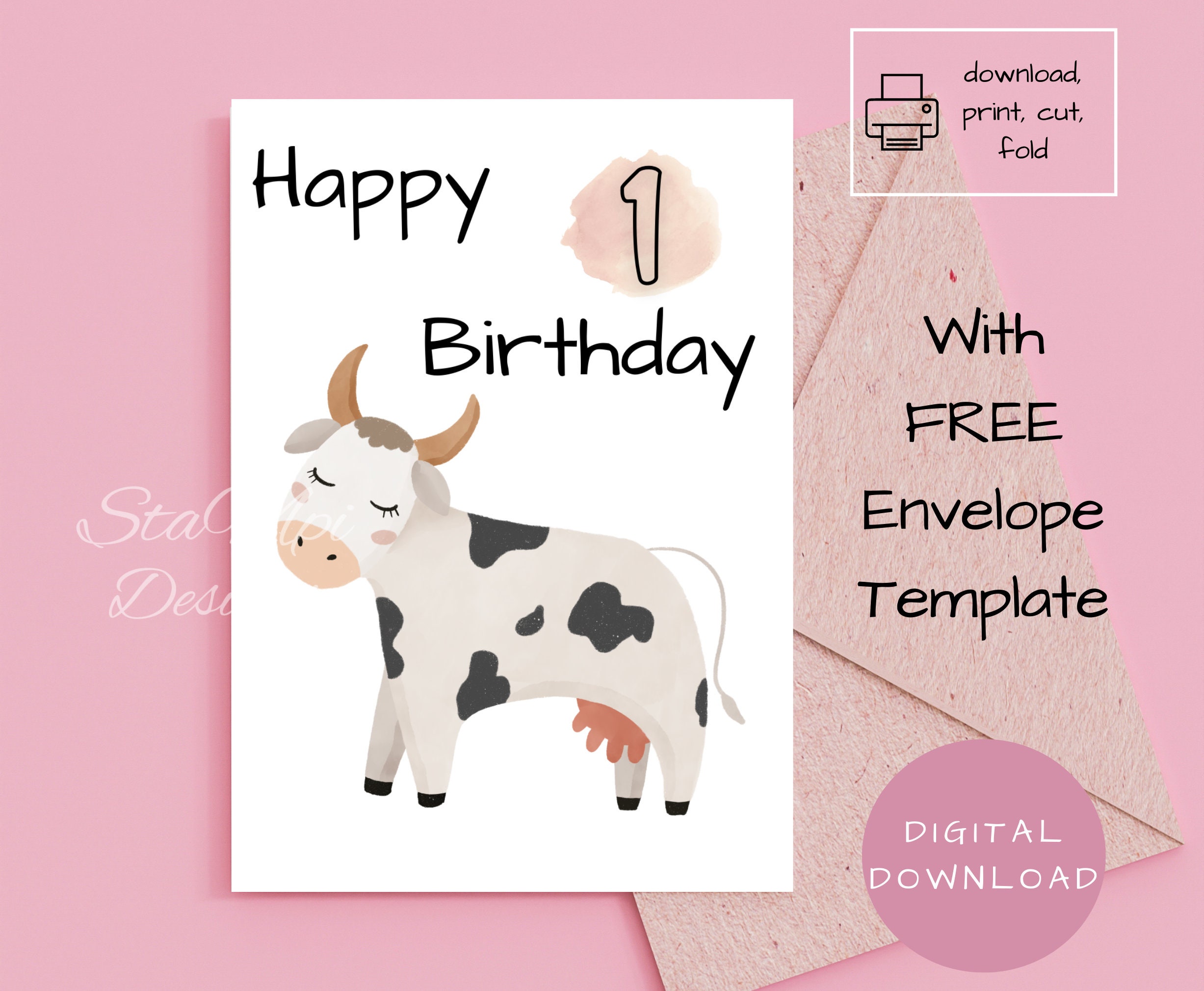 First Birthday Card, Printable, With Envelope, Birthday Card One, Farm ...