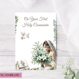 First Holy Communion Card for Girls, Printable 1st. Holy Communion Card, Traditional Communion Card, Downloadable Card with Envelope, PDF