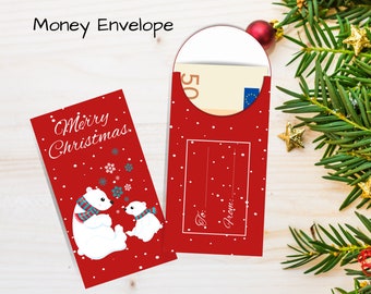 Polar Bear Christmas Money Holder, Christmas Cash Gift, Red Christmas Envelope, Money Envelope. Cash Envelope Wallet, Envelope Printable