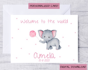 Personalized New Baby Card, New Baby Card for Girl, Pink Baby Card,  Printable New Baby Card, Baby Girl Card, Welcome to the world