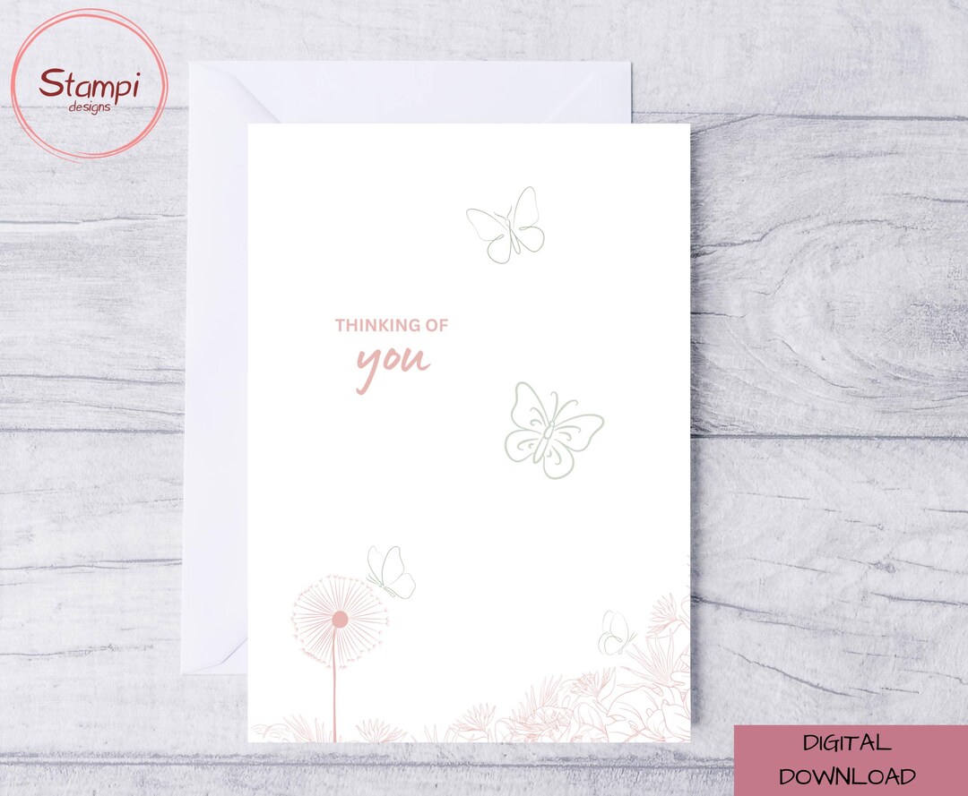 Pink Thinking of You Card With Butterflies and Dandelions (printable ...