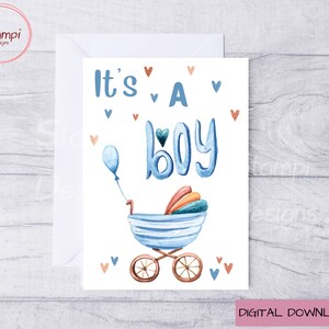 It&#39;s A Boy Card: New Baby Printable with Envelope (Digital Download)