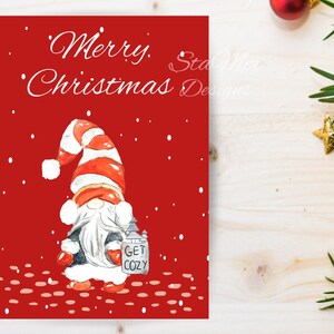 Cartão de Natal para impressão com gnomo, cartão de Natal digital, cartão de Natal para impressão, cartão de Natal fofo com gnomo de Natal, cartão de Natal vermelho