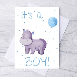 Neue Baby Jungen Karte, druckbare Karte für neue Baby Junge, Blaue Baby Karte, es ist ein Junge Karte, mit Nilpferd, mit kostenloser Umschlag Vorlage