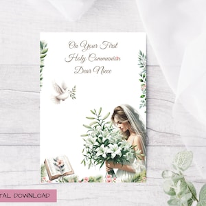 Religious First Holy Communion Card for a Girl, Printable 1st. Holy Communion Card, Downloadable Card for 1st Holy Communion, with Envelope