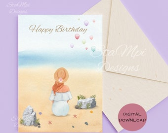 Printable Birthday Card Girl, with Printable Envelope, Birthday Card for Her, for Mom, Beach Birthday Card, Digital Download Card