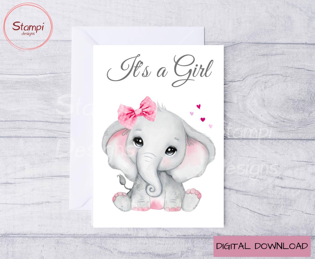 Baby Girl Elephant Card: Printable Newborn Card With Envelope (digital ...