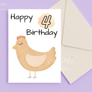 Tarjeta de cumpleaños imprimible, para el 4to. Cumpleaños, Tarjeta de cumpleaños de animales de granja, Tarjeta de cumpleaños para niños pequeños, Tarjeta de feliz cumpleaños para niños, Tarjeta digital