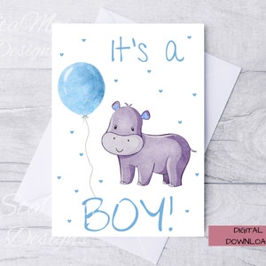 It's A Boy!, New Baby Boy, Printable Card for New Baby Boy, New Baby Digital Greeting Card, Card with Animals for Baby Boy, free Envelope