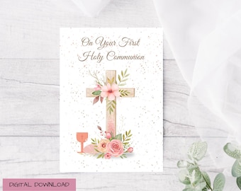 First Holy Communion Printable Card for Girls, 1st. Holy Communion Card, Pink First Holy Communion Card, Digital Communion Card, PDF