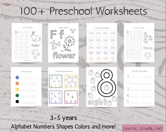 Könnte beinhalten: Eine Sammlung von über 100 Vorschularbeitsblättern für 3- bis 5-Jährige, bestehend aus digitalen Download-Seiten mit Alphabet, Zahlen, Formen, Farben und Zählübungen. Die schwarz-weißen Übungsblätter enthalten Illustrationen von einem Hasen, einer Blume, Erdbeeren und geometrischen Formen für Lernzwecke.