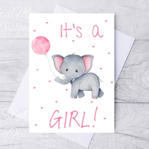 Druckbare Karte für Baby Mädchen, rosa Karte für neue Baby Mädchen, mit Umschlag, It's a Girl Karte, mit Elefant, Karte für Neugeborene Baby Mädchen, PDF
