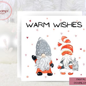 Tarjeta navideña de gnomos rojos y grises: Tarjeta festiva imprimible (descarga digital)