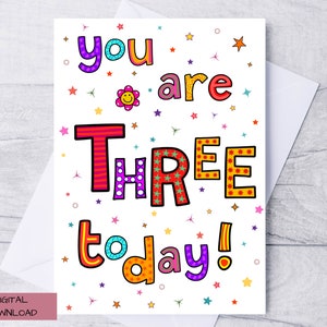 Alles Gute zum Geburtstag 3, druckbare Geburtstagskarte für 3 jährige, Du bist heute drei, Kleinkind Geburtstagskarte, digitale Karte für den dritten Geburtstag, PDF