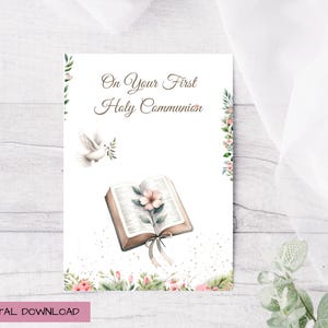 First Holy Communion Card for Girls, Printable Card for 1st. Holy Communion, Religious Card for First Communion, PDF Card with PDF Envelope