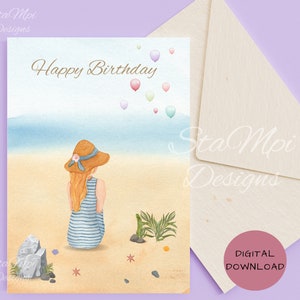 Tarjeta de feliz cumpleaños para mujer, tarjeta de cumpleaños imprimible para hija, tarjeta de cumpleaños de playa, tarjeta de cumpleaños para adolescentes, tarjeta de verano
