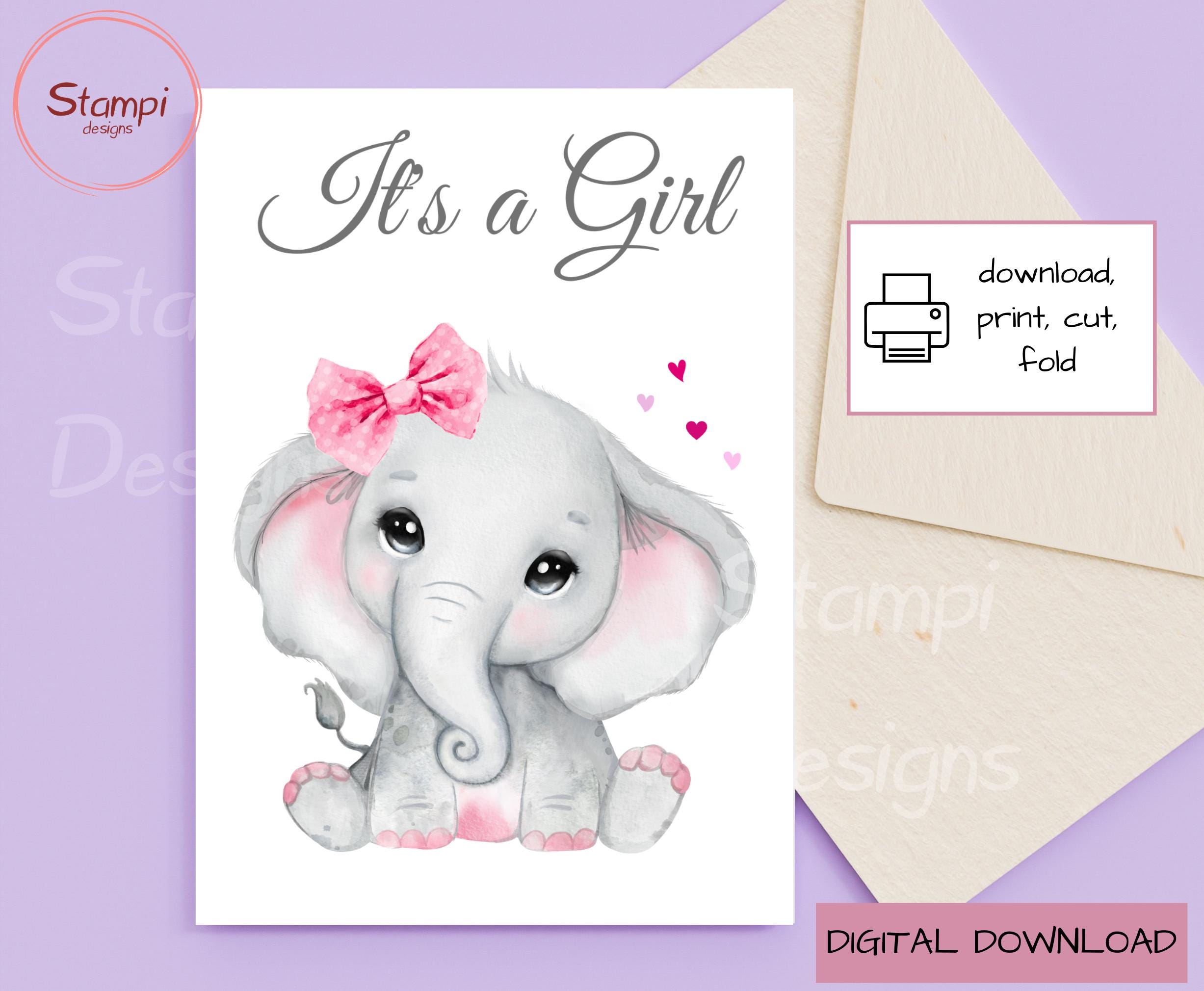 Baby Girl Elephant Card: Printable Newborn Card With Envelope (digital ...