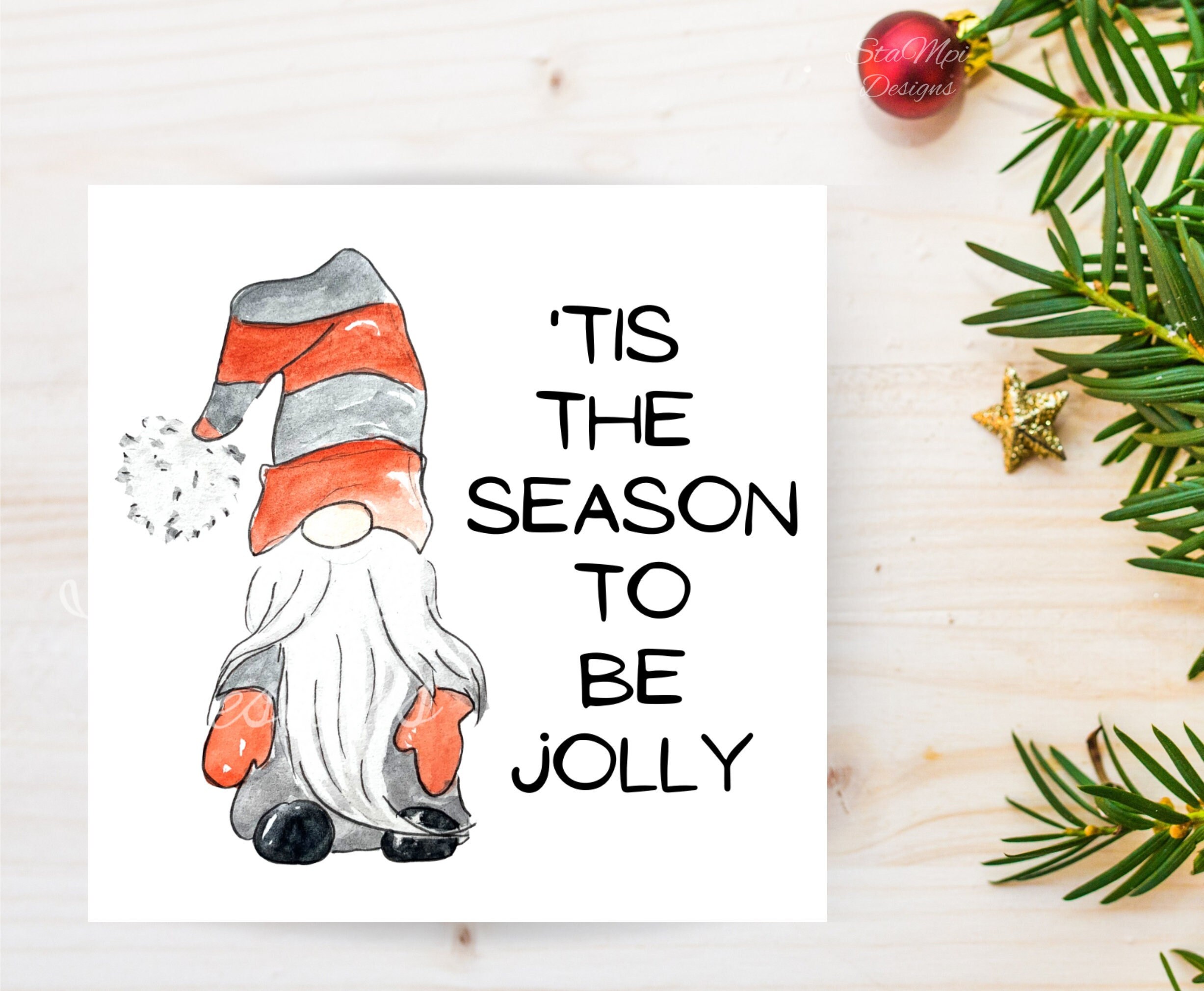 Printable Gnome Christmas Card for Christmas Greetings, Cheerful Christmas Card, Digital Christmas Card with Red and Gray Gnome, Gnome Card