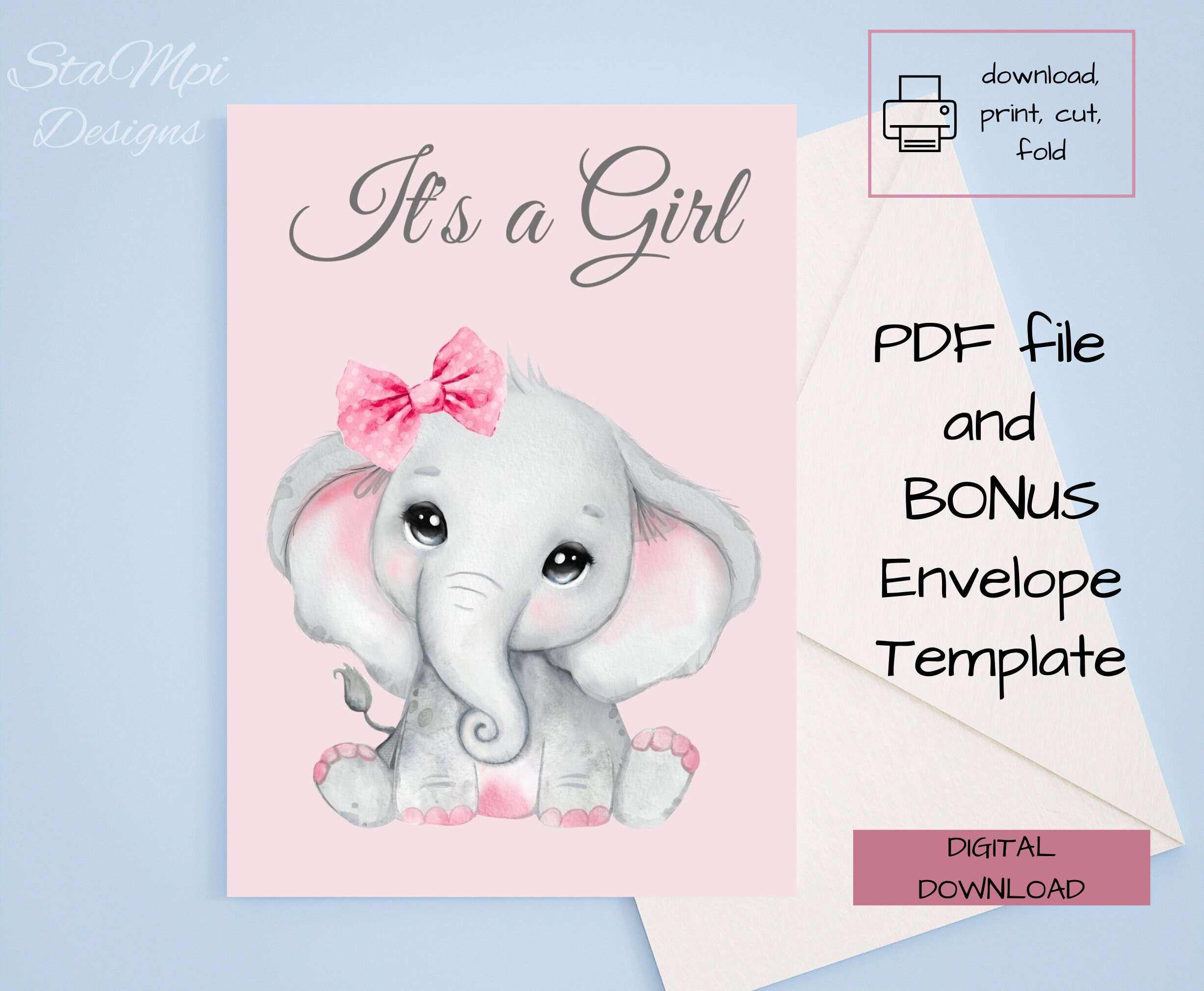 New Baby Girl Card Printable, With Printable Envelope, Card for Baby ...