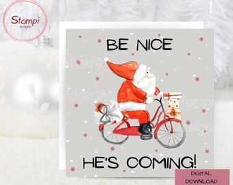 Lustige Weihnachtskarte mit Nikolaus: Fahrrad-Design (druckbare Karte und Umschlag)