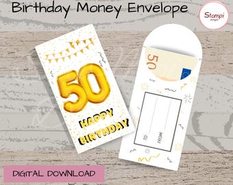 Busta porta soldi dorata per il 50° compleanno: porta soldi stampabile (download digitale)