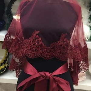 Bridal Veil Set, Wedding Marriage Henna Night Accessory, Elegant Lace Guipure, Pearl Veil Burgundy, Red,
