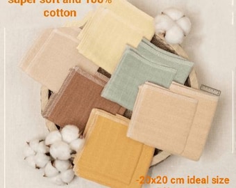 Paquete de 12 toallitas húmedas de muselina orgánica, doble capa cosida, 20 x 20 cm, toallas faciales de algodón reutilizables, toallitas húmedas para bebé de colores surtidos.
