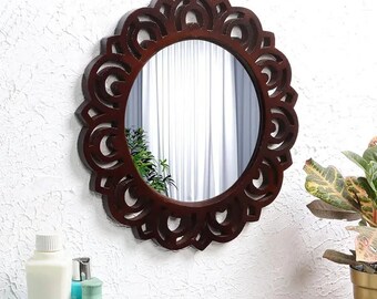 Decorative & Hand Crafted Wooden Wall Mirror In Walnut Finish (40 X 40 Cm, Framed, Round) 